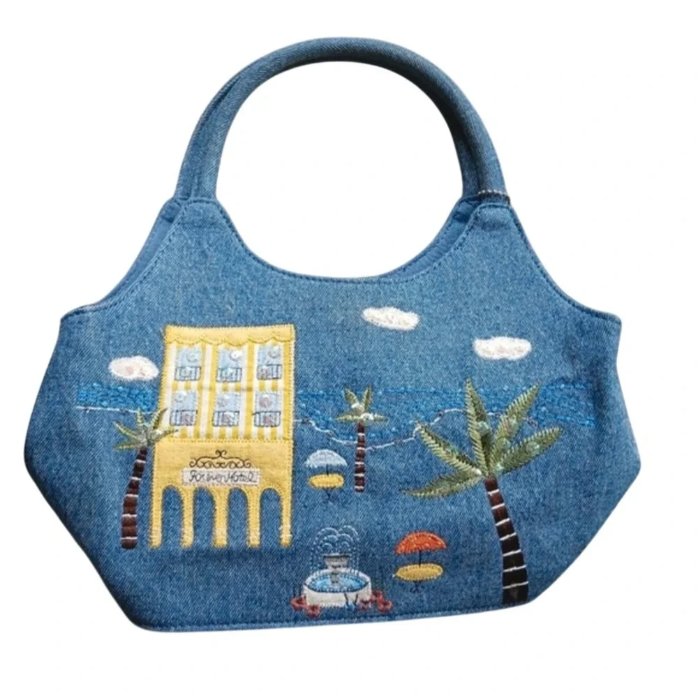 Forever by Fossil Denim Embroidered Forever Hotel Sequin Tropical Handbag Blue